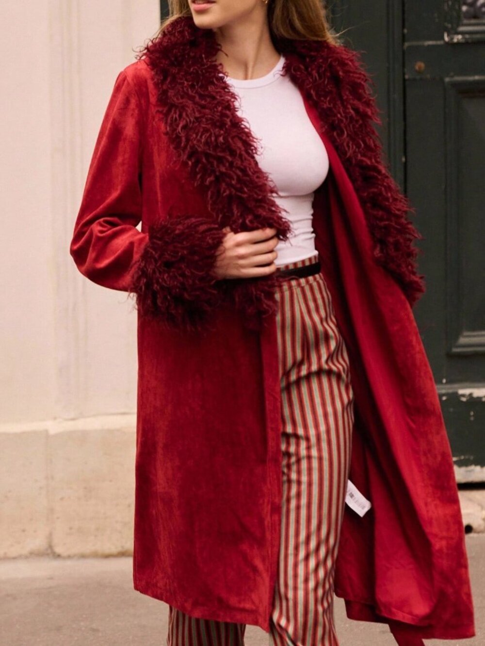 Red Casual Women's Belted Long Coat
